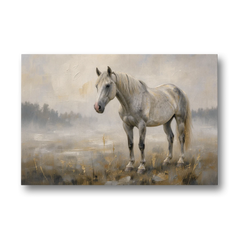 White Horse Painting in Morning Mist - Canvas Wall Art - Front
