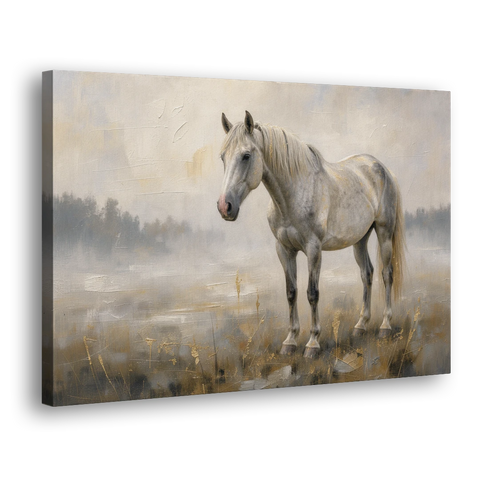 White Horse Painting in Morning Mist - Canvas Wall Art - Side
