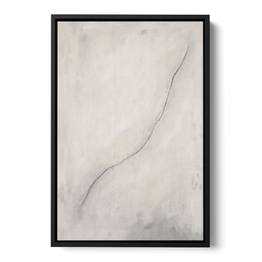 White Minimalist Wall Art with a Falling Charcoal Thread - Black Framed Canvas Wall Art - Front