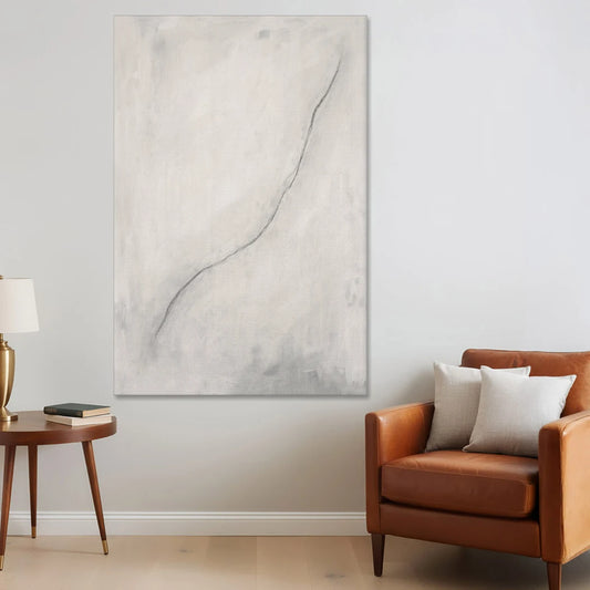 White Minimalist Wall Art with a Falling Charcoal Thread - Canvas Wall Art - Sofa - 40x60