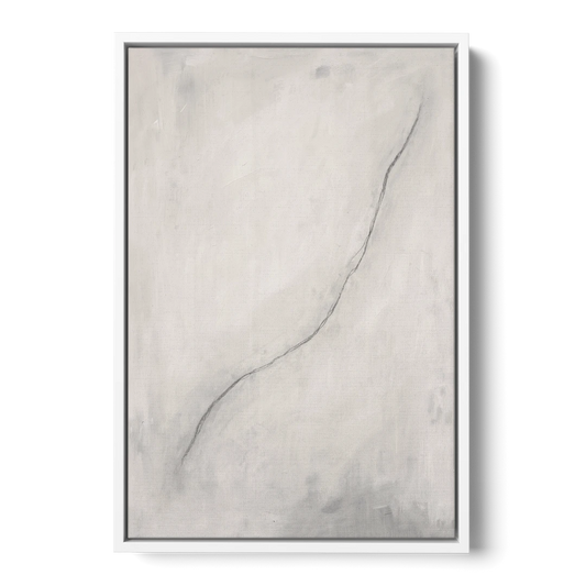 White Minimalist Wall Art with a Falling Charcoal Thread - White Framed Canvas Wall Art - Front
