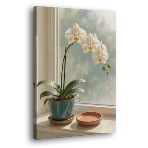 White Orchid on a Sunlit Sill for the Bathroom - Canvas Wall Art