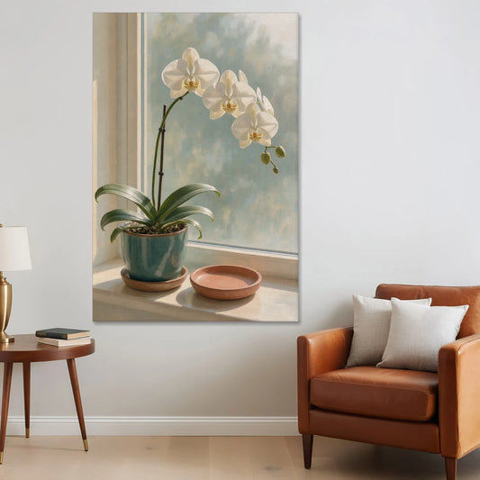 White Orchid on a Sunlit Sill for the Bathroom - Canvas Wall Art - Sofa - 40x60