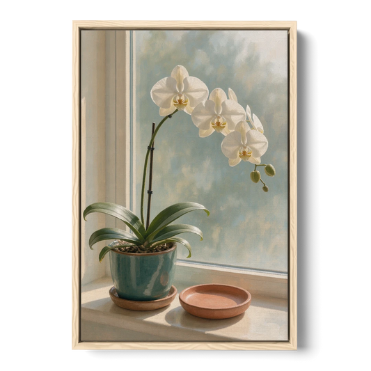 White Orchid on a Sunlit Sill for the Bathroom - Oak Framed Canvas Wall Art - Front