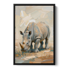 White Rhino Calf Lowering Its Head to Graze - Black Framed Canvas Wall Art - Front