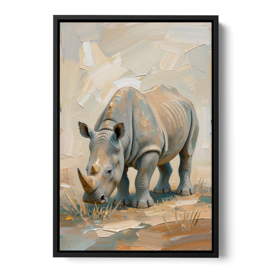 White Rhino Calf Lowering Its Head to Graze - Black Framed Canvas Wall Art - Front