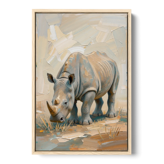 White Rhino Calf Lowering Its Head to Graze - Oak Framed Canvas Wall Art - Front