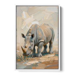 White Rhino Calf Lowering Its Head to Graze - White Framed Canvas Wall Art - Front