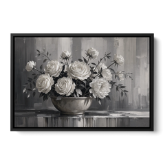 White Roses and Peonies in a Stoneware Bowl - Black Framed Canvas Wall Art - Front