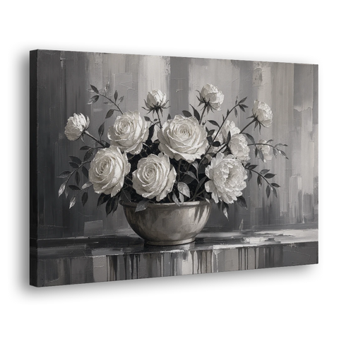 White Roses and Peonies in a Stoneware Bowl - Canvas Wall Art - Side