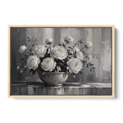 White Roses and Peonies in a Stoneware Bowl - Oak Framed Canvas Wall Art - Front