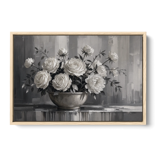 White Roses and Peonies in a Stoneware Bowl - Oak Framed Canvas Wall Art - Front