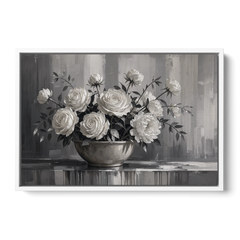 White Roses and Peonies in a Stoneware Bowl - White Framed Canvas Wall Art - Front