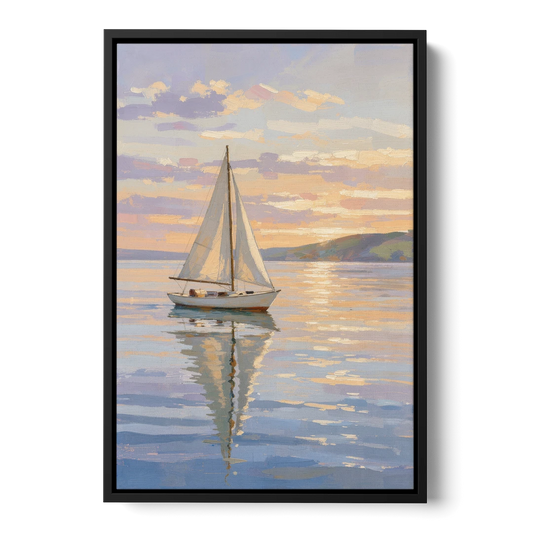 White Sailboat Sloop on Evening Glass - Black Framed Canvas Wall Art - Front
