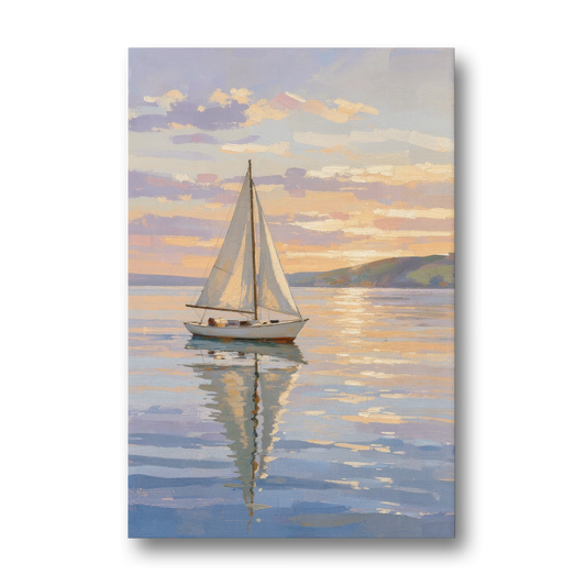 White Sailboat Sloop on Evening Glass - Canvas Wall Art - Front