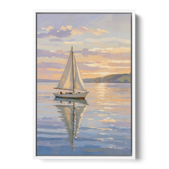 White Sailboat Sloop on Evening Glass - White Framed Canvas Wall Art - Front