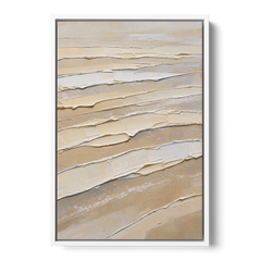 White Textured Painting of Low Tide Ridges - White Framed Canvas Wall Art - Front
