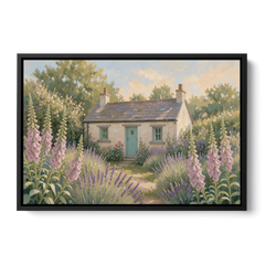 Whitewashed Cottage in Foxgloves and Lavender - Black Framed Canvas Wall Art - Front