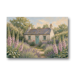 Whitewashed Cottage in Foxgloves and Lavender - Canvas Wall Art - Front