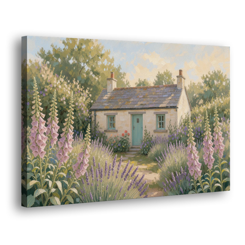 Whitewashed Cottage in Foxgloves and Lavender - Canvas Wall Art - Side