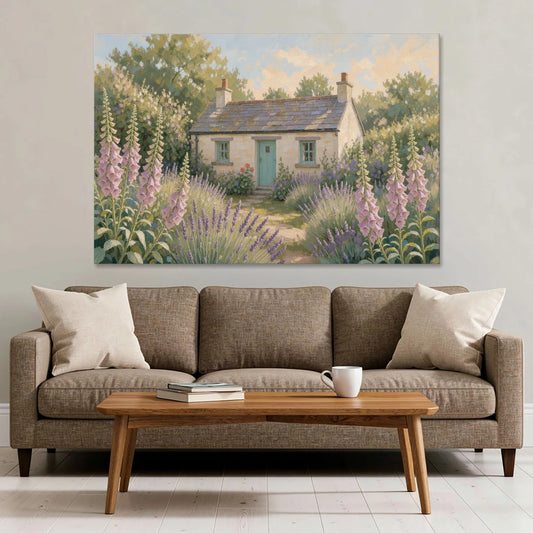 Whitewashed Cottage in Foxgloves and Lavender - Canvas Wall Art - Sofa - 60x40