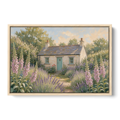 Whitewashed Cottage in Foxgloves and Lavender - Oak Framed Canvas Wall Art - Front