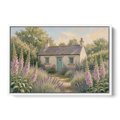 Whitewashed Cottage in Foxgloves and Lavender - White Framed Canvas Wall Art - Front