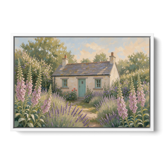 Whitewashed Cottage in Foxgloves and Lavender - White Framed Canvas Wall Art - Front