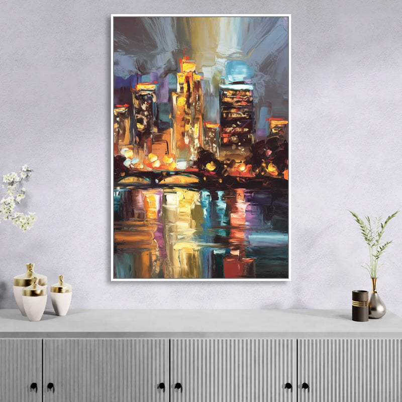Wichita Cityscape Glow Sitting Room - White Canvas Wall Art