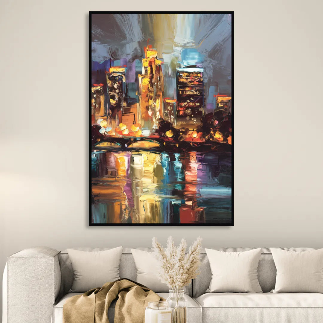 Wichita Cityscape Glow Sitting Room - Black Canvas Wall Art