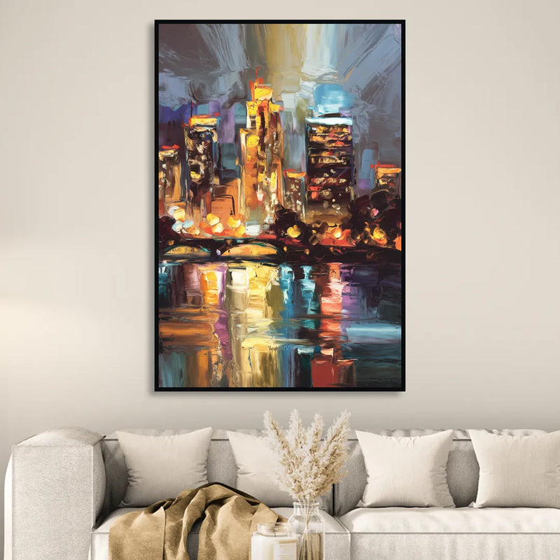 Wichita Cityscape Glow Sitting Room - Black Canvas Wall Art