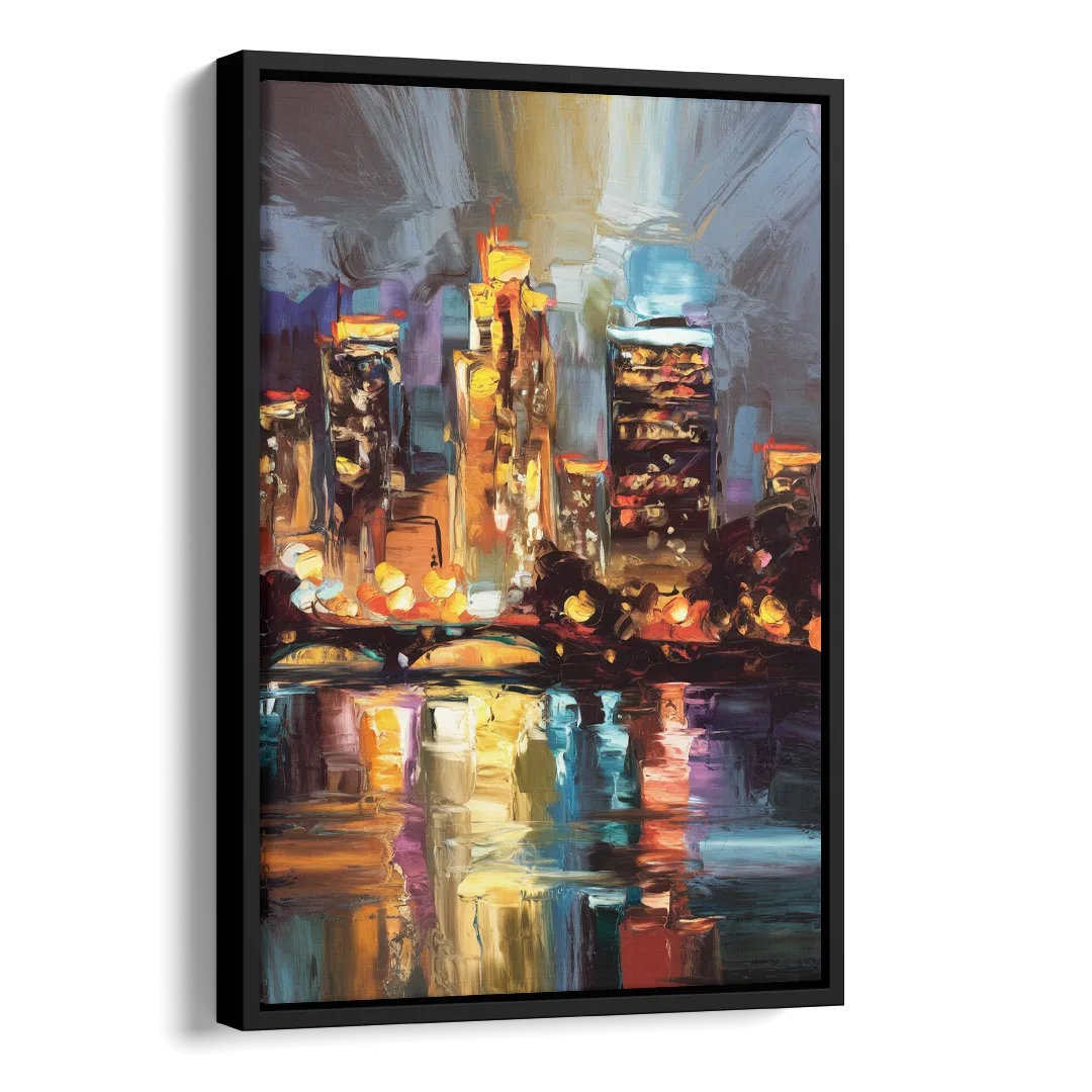 Wichita Cityscape Glow Side - Black Canvas Wall Art
