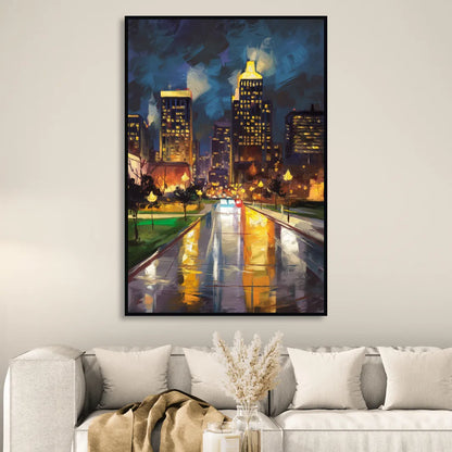 Wichita Downtown Lights Living Room - Black Canvas Wall Art