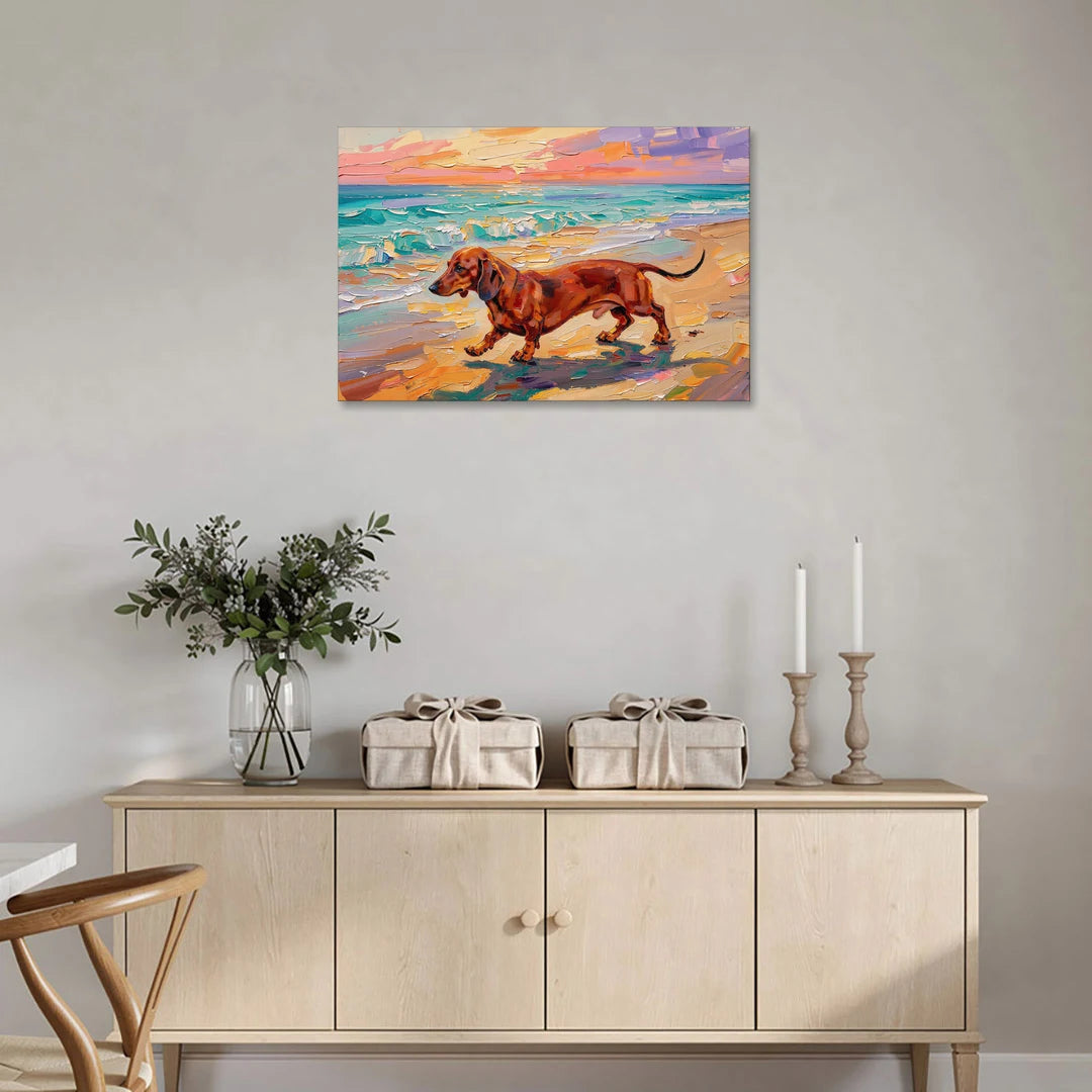Wiener Dog Painting Sunset Beach Trot - Canvas Wall Art - Coffee Table - 36x24