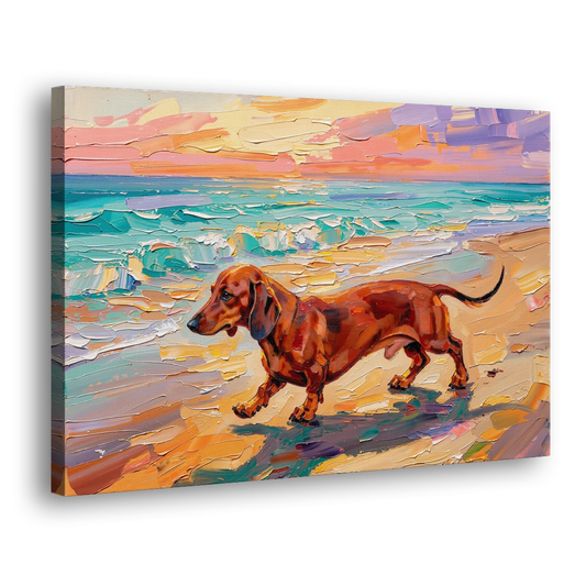 Wiener Dog Painting Sunset Beach Trot - Canvas Wall Art - Side