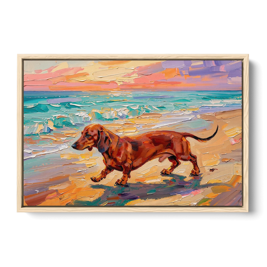 Wiener Dog Painting Sunset Beach Trot - Oak Framed Canvas Wall Art - Front