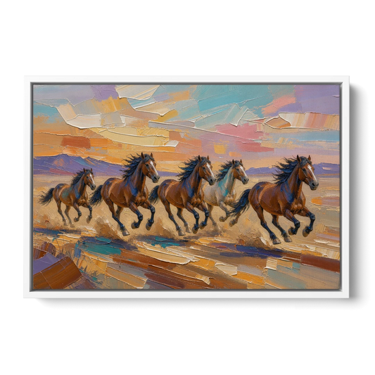 Wild Horses Painting Through Desert Dust - White Framed Canvas Wall Art - Front