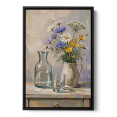 Wildflower Bouquet Painting with Water Carafe - Black Framed Canvas Wall Art - Front
