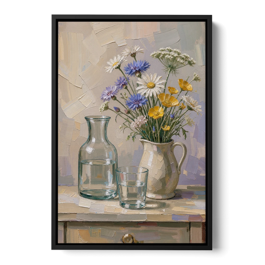 Wildflower Bouquet Painting with Water Carafe - Black Framed Canvas Wall Art - Front