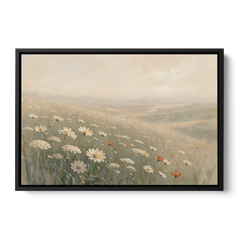 Wildflower Meadow Painting in Morning Mist - Black Framed Canvas Wall Art - Front
