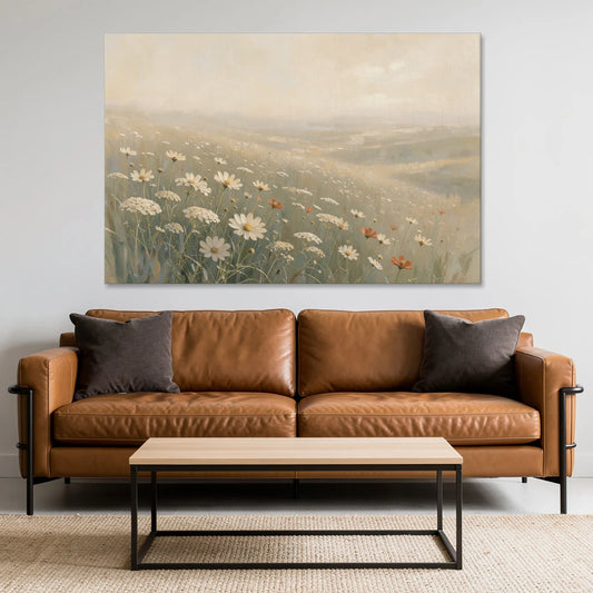 Wildflower Meadow Painting in Morning Mist - Canvas Wall Art - Sofa - 60x40