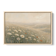 Wildflower Meadow Painting in Morning Mist - Oak Framed Canvas Wall Art - Front