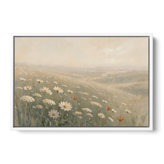 Wildflower Meadow Painting in Morning Mist - White Framed Canvas Wall Art - Front