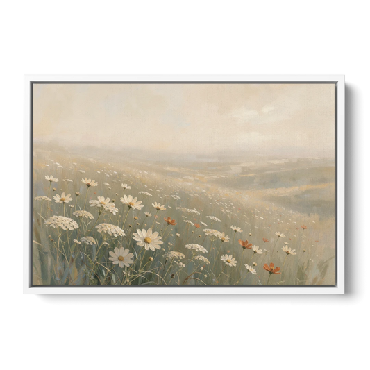 Wildflower Meadow Painting in Morning Mist - White Framed Canvas Wall Art - Front