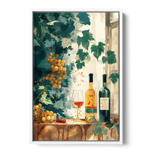 Wine Art with Grapes and Vine Leaves - White Framed Canvas Wall Art - Front