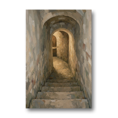 Wine Cellar Decor with Stone Steps to Golden Light - Canvas Wall Art - Front