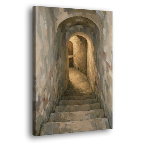 Wine Cellar Decor with Stone Steps to Golden Light - Canvas Wall Art - Side