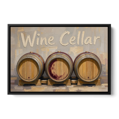 Wine Cellar Sign with Three Oak Barrels - Black Framed Canvas Wall Art - Front