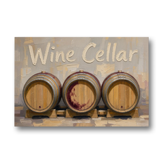 Wine Cellar Sign with Three Oak Barrels - Canvas Wall Art - Front