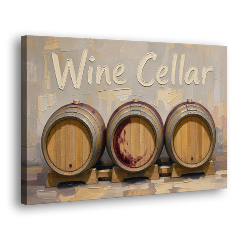 Wine Cellar Sign with Three Oak Barrels - Canvas Wall Art - Side